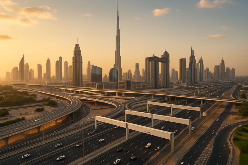Dubai skyline with road infrastructure and toll gates